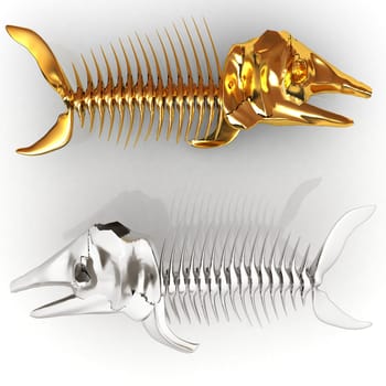 3d metall illustration of fish skeleton on a white background