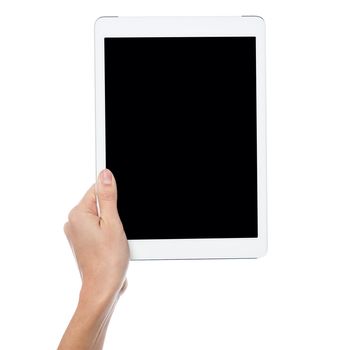 Woman hand displaying new tablet pc