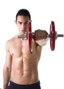 Muscular sexy shirtless young man exercising shoulders with dumbbells, isolated on white 