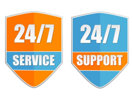 24/7 service and support, two orange blue labels, flat design, business attendance concept