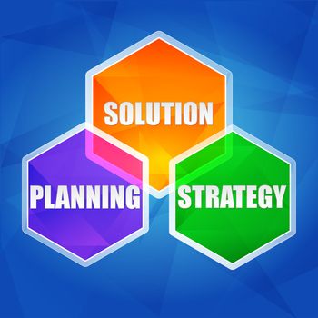 planning, solution, strategy - business growth concept words in color hexagons over blue background, flat design