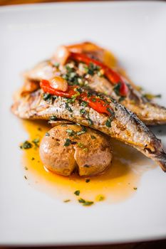 Grilled Sardines Plate with Red Pepper and Potato in a Portuguese Restaurant