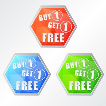 buy one get one free, three colors hexagons labels, flat design, business shopping concept