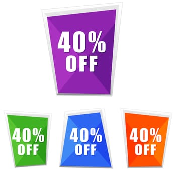 40 percentages off, four colors labels, flat design, business shopping concept