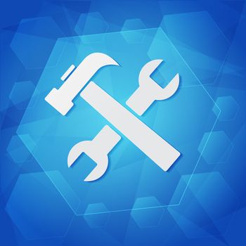 tools sign - white symbol over blue background, flat design, business service concept