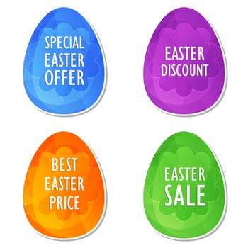 easter sale, offer, discount and price banners - four colors eggs labels with spring daisy flowers, business shopping holiday concept, flat design