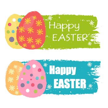 Happy Easter text and easter eggs with spring daisy flowers on drawn banners, holiday seasonal concept, flat design
