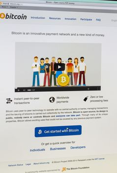 Galati, Romania - June 14, 2014: Photo of the BITCOIN website. BITCOIN is an experimental currency said to have been created by Satoshi Nakamoto in 2009.