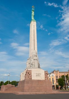 Monument of freedom in Riga unveiled in 1935 to honor fallen during Latvian War of Independence (1918 - 1920). Woman on the top is holding three stars which represent three regions of Latvia. 