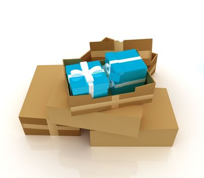 Cardboard boxes, gifts and earth on a white background