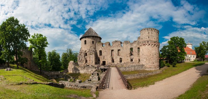 Ruins of the beautiful castle in town of Cesis was a residence of the Livonian order (teutonic knights) in the middle ages, Latvia. Panorama