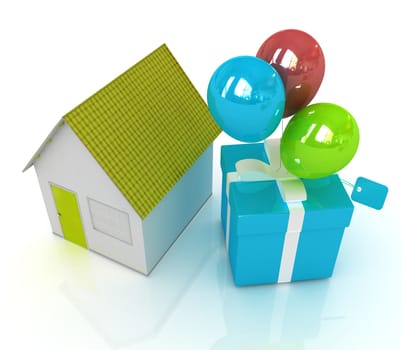 House with gift and ballons on a white background