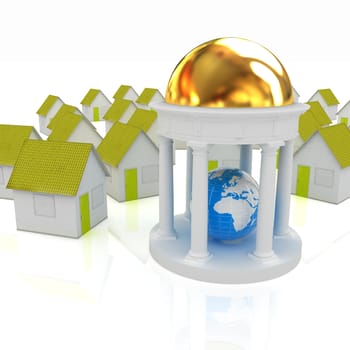 Earth in rotunda and houses on a white background
