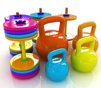 Colorful weights and dumbbells on a white background