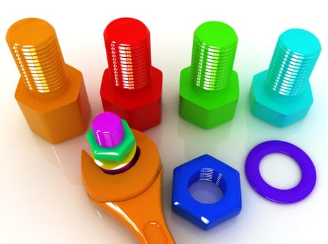 Colorful wrench to tighten the screws on a white background