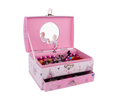 Children's music box pink color with jewelry, isolated on white background