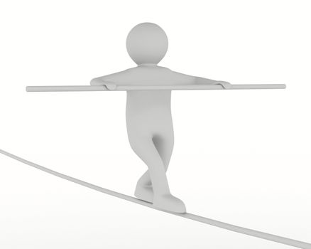 man balances on rope. Isolated 3D image