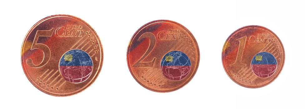 European union concept - 1, 2 and 5 eurocent, flag of Liechtenstein