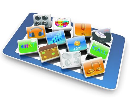 Touchscreen Smart Phone with Cloud of Media Application Icons on a white background