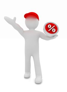 Best percent! 3d man in a red peaked cap keeps the most beneficial interest! On a white background