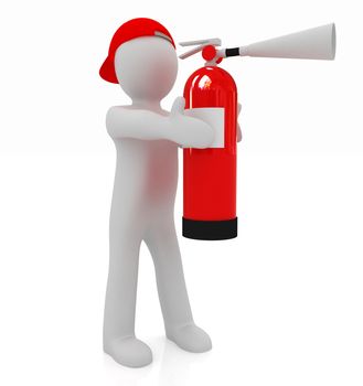 3d man with red fire extinguisher on a white background