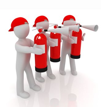 3d mans with red fire extinguisher on a white background