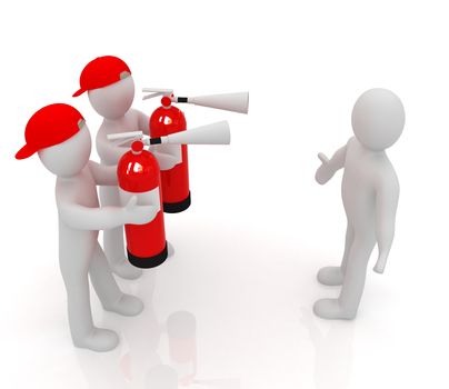 3d mans with red fire extinguisher. The concept of confrontation on a white background