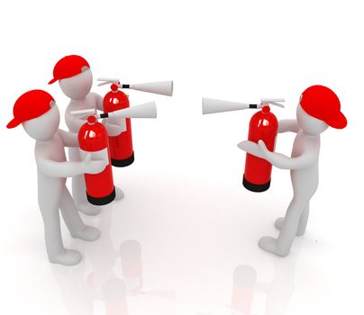 3d mans with red fire extinguisher. The concept of confrontation on a white background