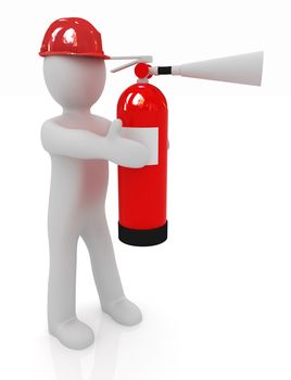 3d man in hardhat with red fire extinguisher on a white background