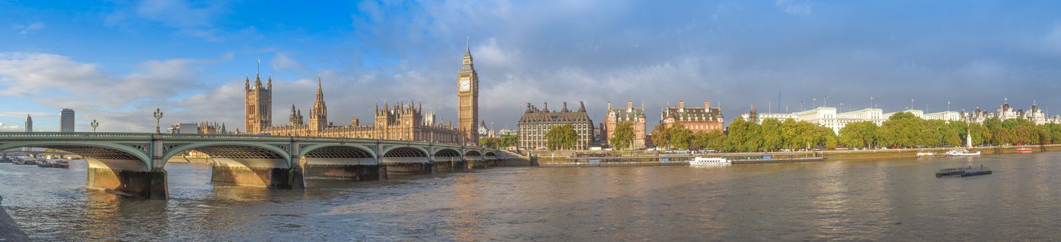 Westminster Bridge panorama with the Houses of Parliament and Big Ben in London UK