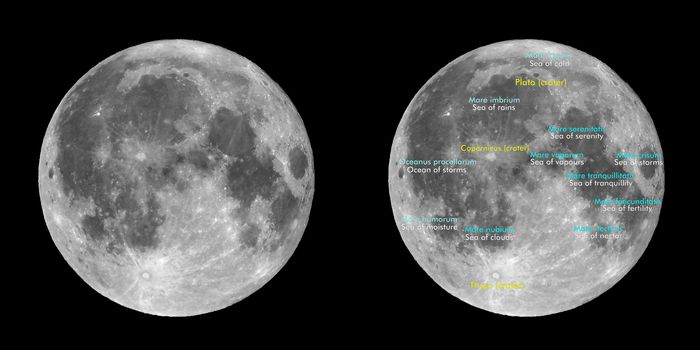 Moon atlas with seas and craters labels - Latin and English names