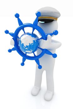 Sailor with steering wheel and earth. Trip around the world concept on a white background