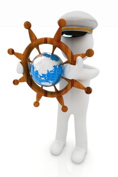 Sailor with wood steering wheel and earth. Trip around the world concept on a white background