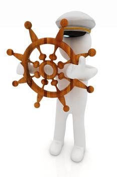 Sailor with wood steering wheel and earth. Trip around the world concept on a white background