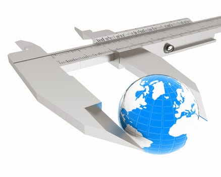 Vernier caliper measures the Earth. Global 3d concept on a white background