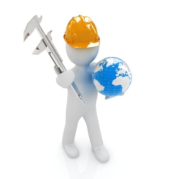 3d man engineer in hard hat with vernier caliper and Earth on a white background