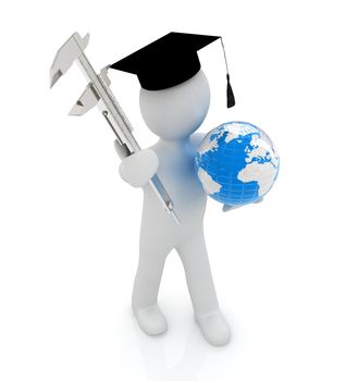 3d man in graduation hat with Earth and vernier caliper on a white background