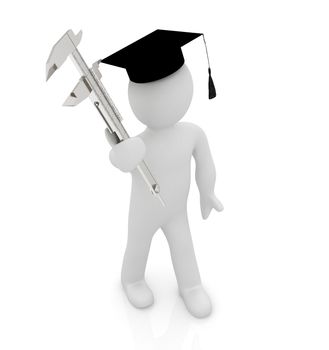 3d man in graduation hat with vernier caliper on a white background