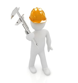 3d man engineer in hard hat with vernier caliper on a white background