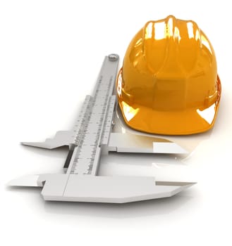 Vernier caliper and yellow hard hat 3d on a white background