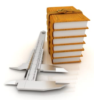 Vernier caliper and leather professional books. Best professional knowledge concept on a white background