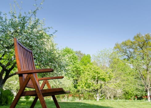 brown wooden garden chair outdoors on spring garden tree background
