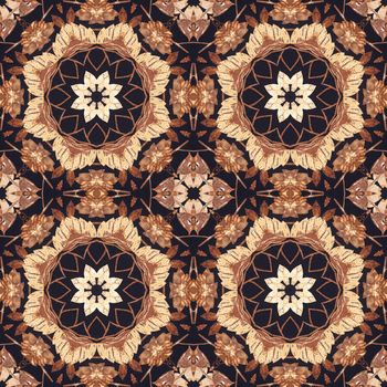Abstract artistic pattern, seamless handmade floral ornament, applique from the back side of a birch bark on black fabric background