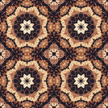 Abstract artistic pattern, seamless handmade floral ornament, applique from the back side of a birch bark on black fabric background