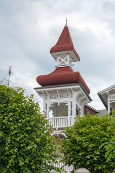 Wilhelmstrasse in Sellin, the strolling promenade, a famous tourist attraction with historic buildings in spa style.