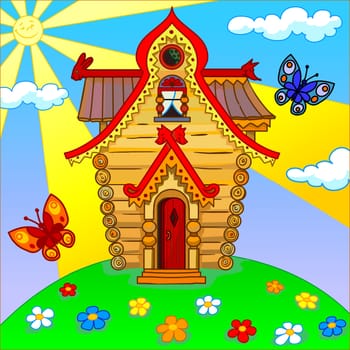 Nice and funny cartoon house. Sunny weather, two butterflies, clouds, flowers, green grass.