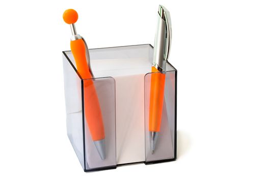 Two handles of bright orange color for the letter and scratch paper in the container. Are presented on a white background.