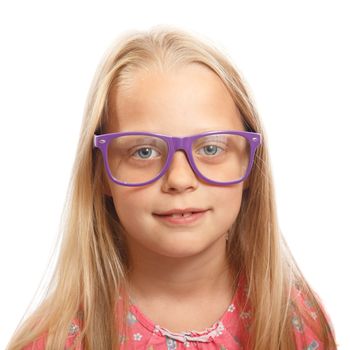 a blonde girl with big purple glasses