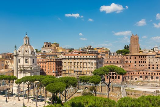 Panoramic view of Imperial Forums in Rome, Italy.