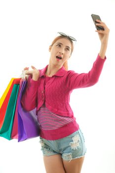 Shopping young asian woman self photographing isolated on white background